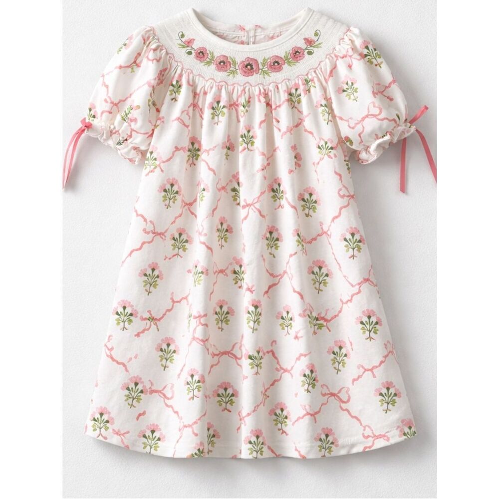 Rylee Faith Designs smocked embroidered knit floral and bows short sleeve dress